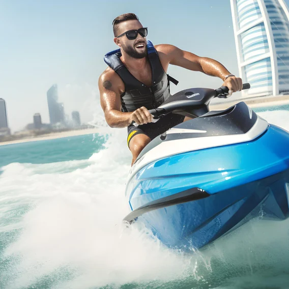 Traveller riding a jet ski past the Burj Al Arab in Dubai