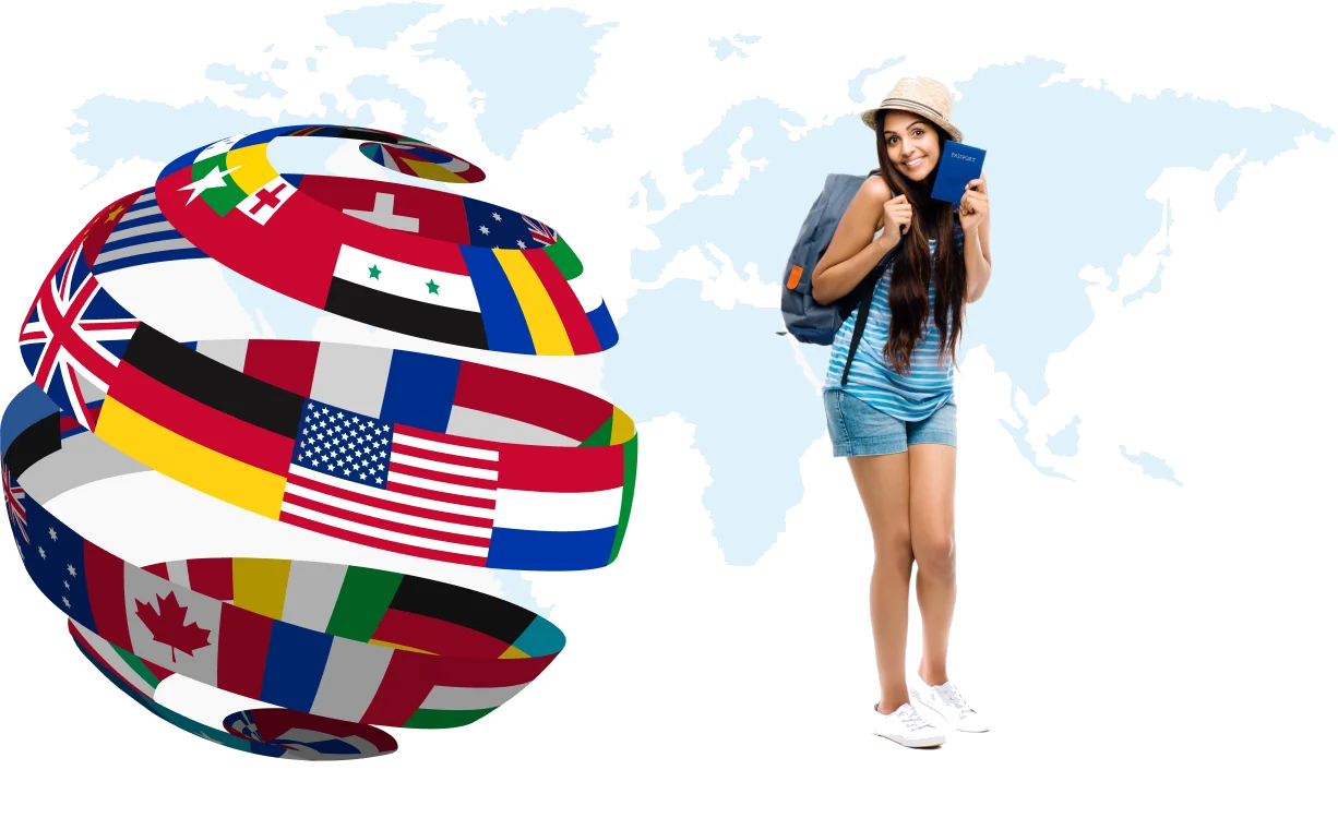 Traveller with a passport in front of a globe wrapped in the flags of Dubai e-visa eligible countries